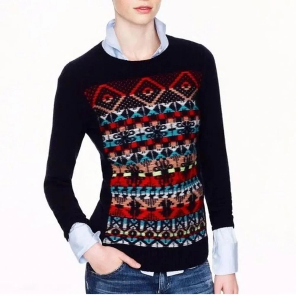 J crew jacquard Aztec stitch 100% wool sweater navy blue size S